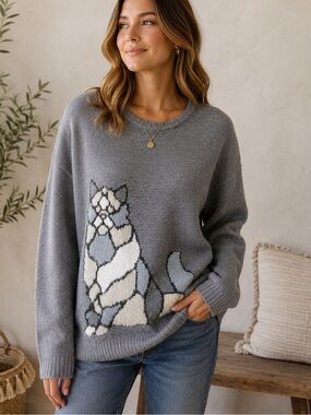DG2 Diane Gilman Faux Mink Cat Print Soft Swing Sweater Gray L